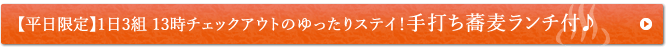 【平日限定】1日3組 13時チェックアウトのゆったりステイ！手打ち蕎麦ランチ付♪